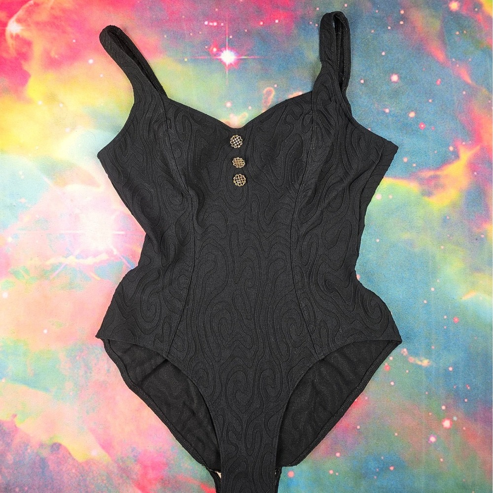 Body I D Maillot‎ Vintage Black Textured One Piece Swimsuit Bodysuit - Picture 2 of 11
